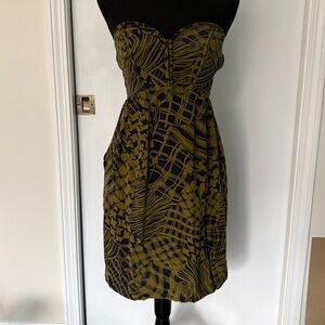 Anthropologie Olive and Blue Strapless Printed Dress